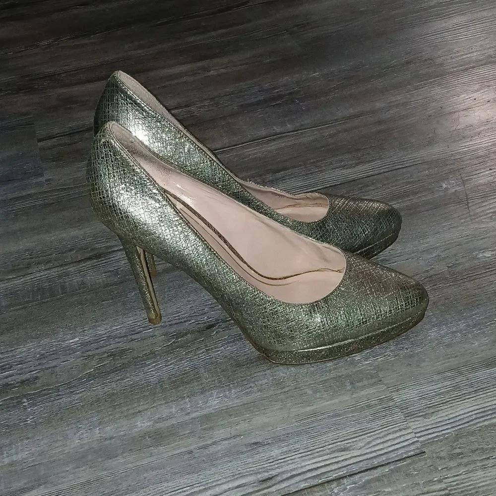 Enzo Angiolini Easamendra leather gold silver sparkle platforms Sz 10